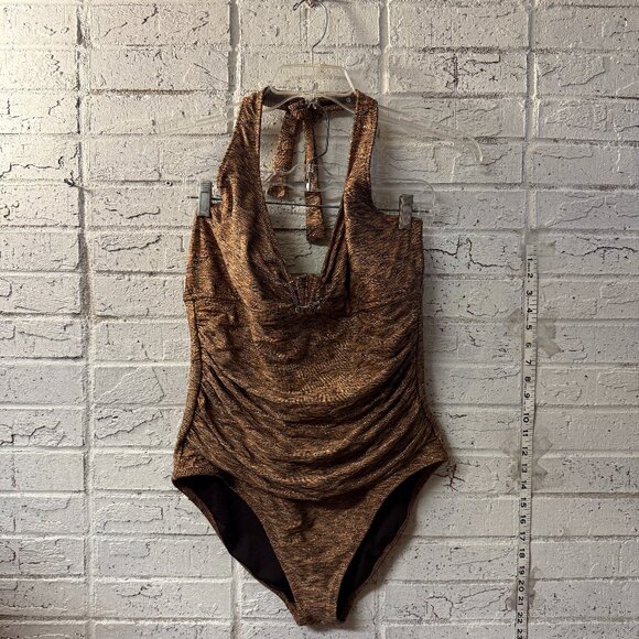 Anne Cole Halter One-Piece Swimsuit 16 | Bronze Metallic Ruched Retro Glam Suit - Picture 1 of 11